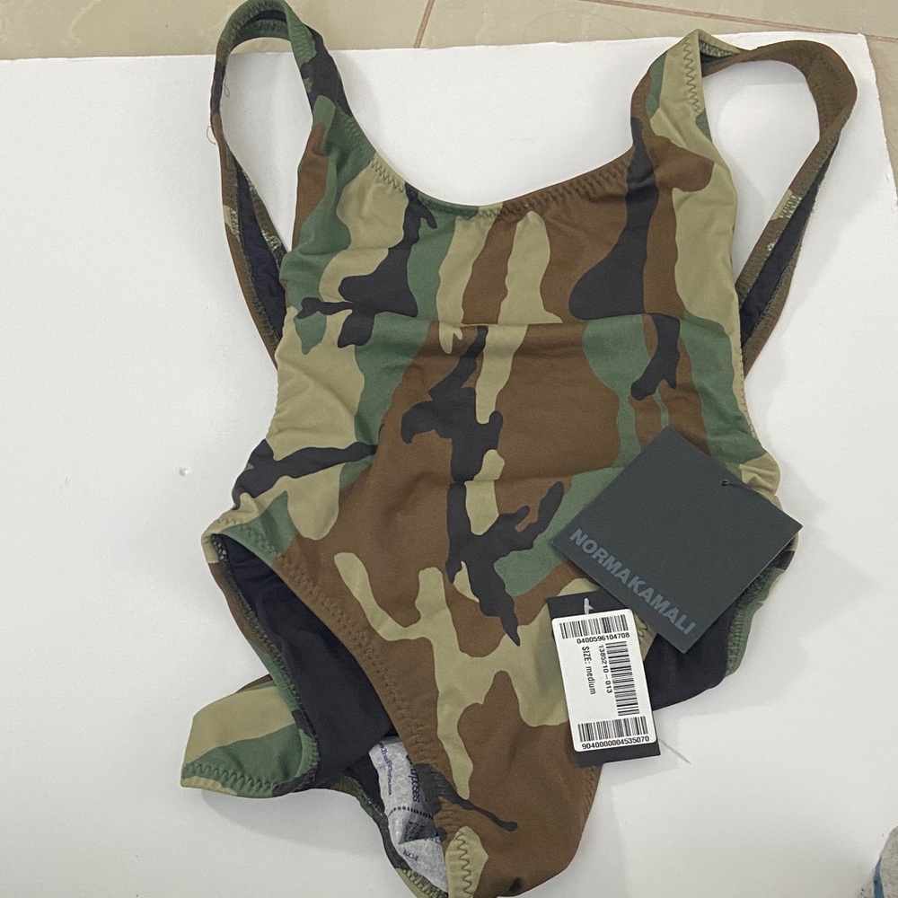 Norma Kamali Green and Brown Camouflage One-Piece